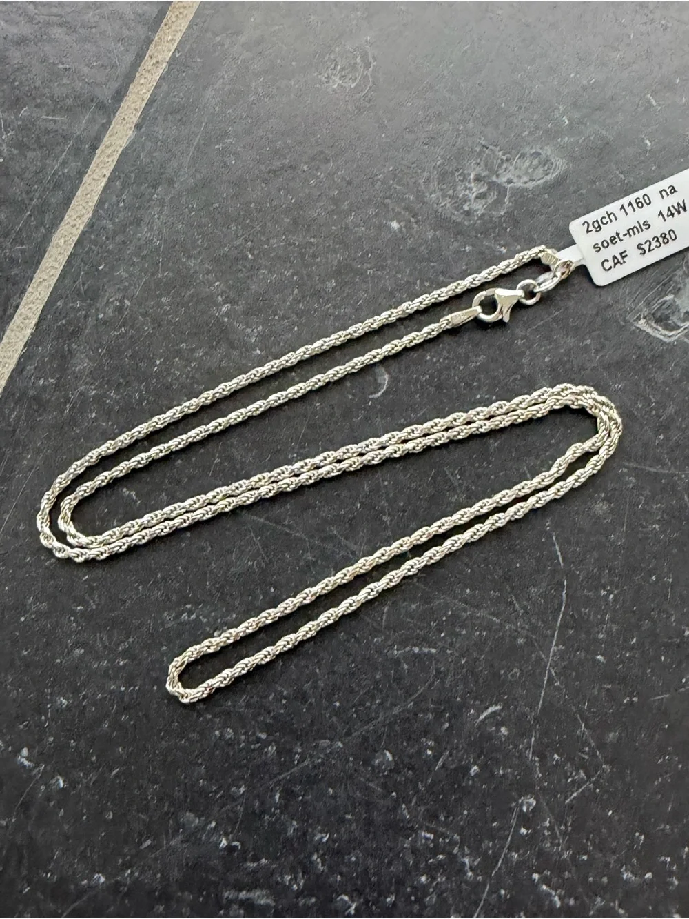 14kt White Gold Rope Chain Necklace 21” long